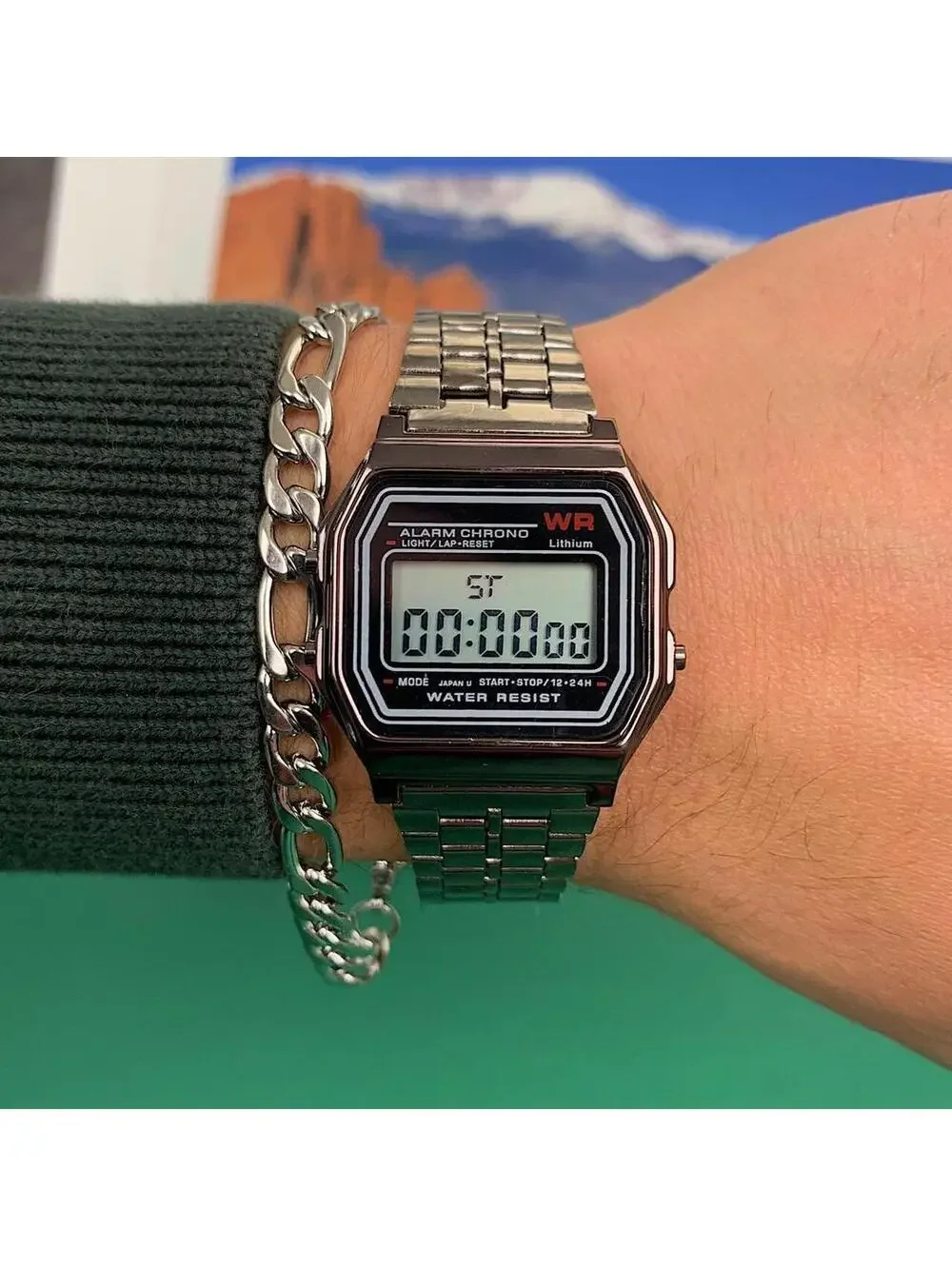 Y2k 2000s style cyber silver stainless steel digital watch. Has adjustable